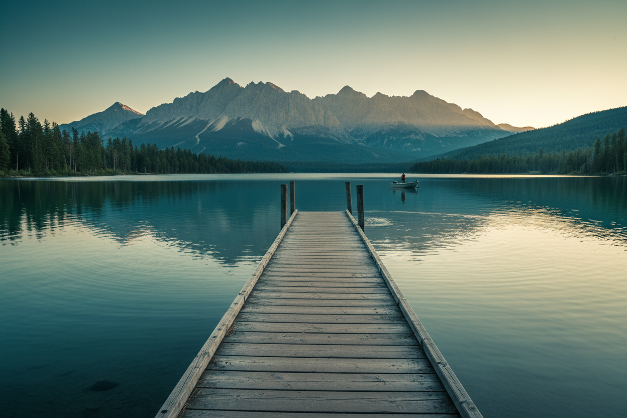 Peaceful fishing lake with wooden dock and mountains